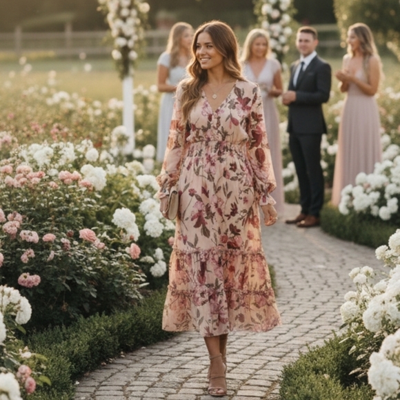 Kojooin Dresses & Skirts - KOjOOIN Pink Floral Smocked Tiered Midi Dress SZ L